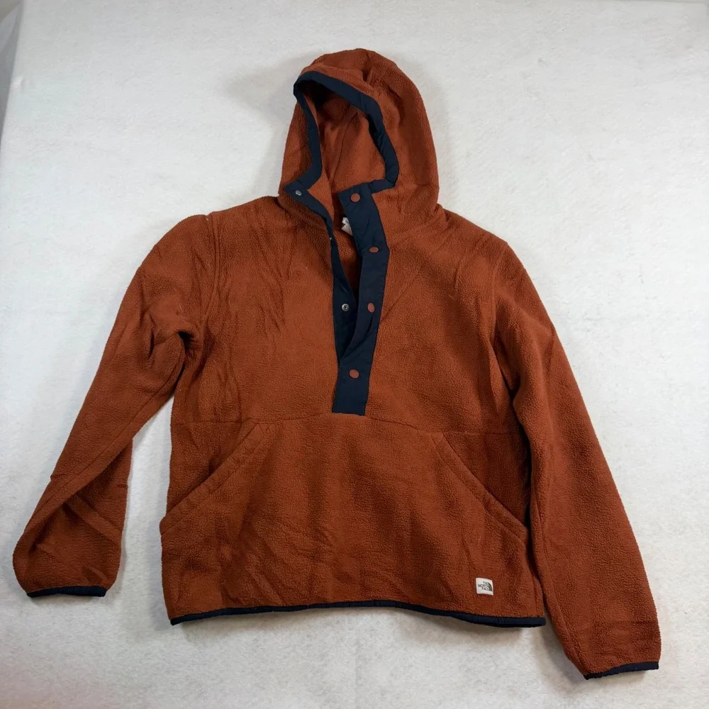 The North Face Mens Campshire Hooded Pullover Fleece Burnt Orange Navy Blue M